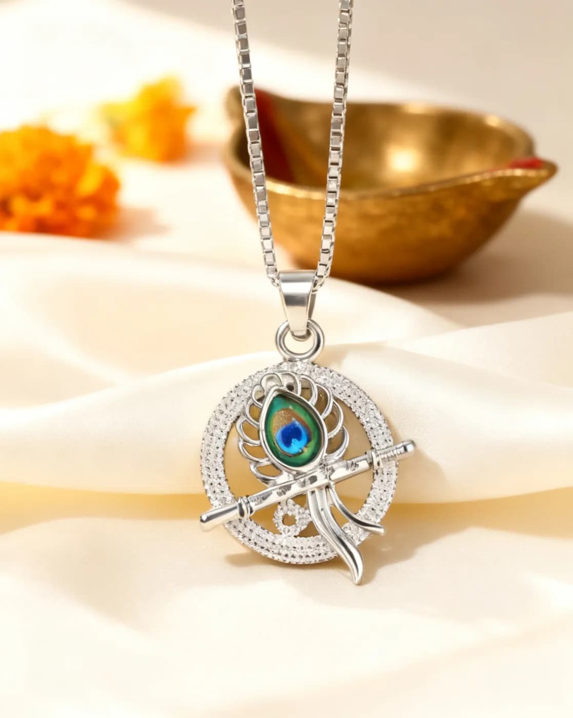 Mor Pankh Bansuri Circle Pendant