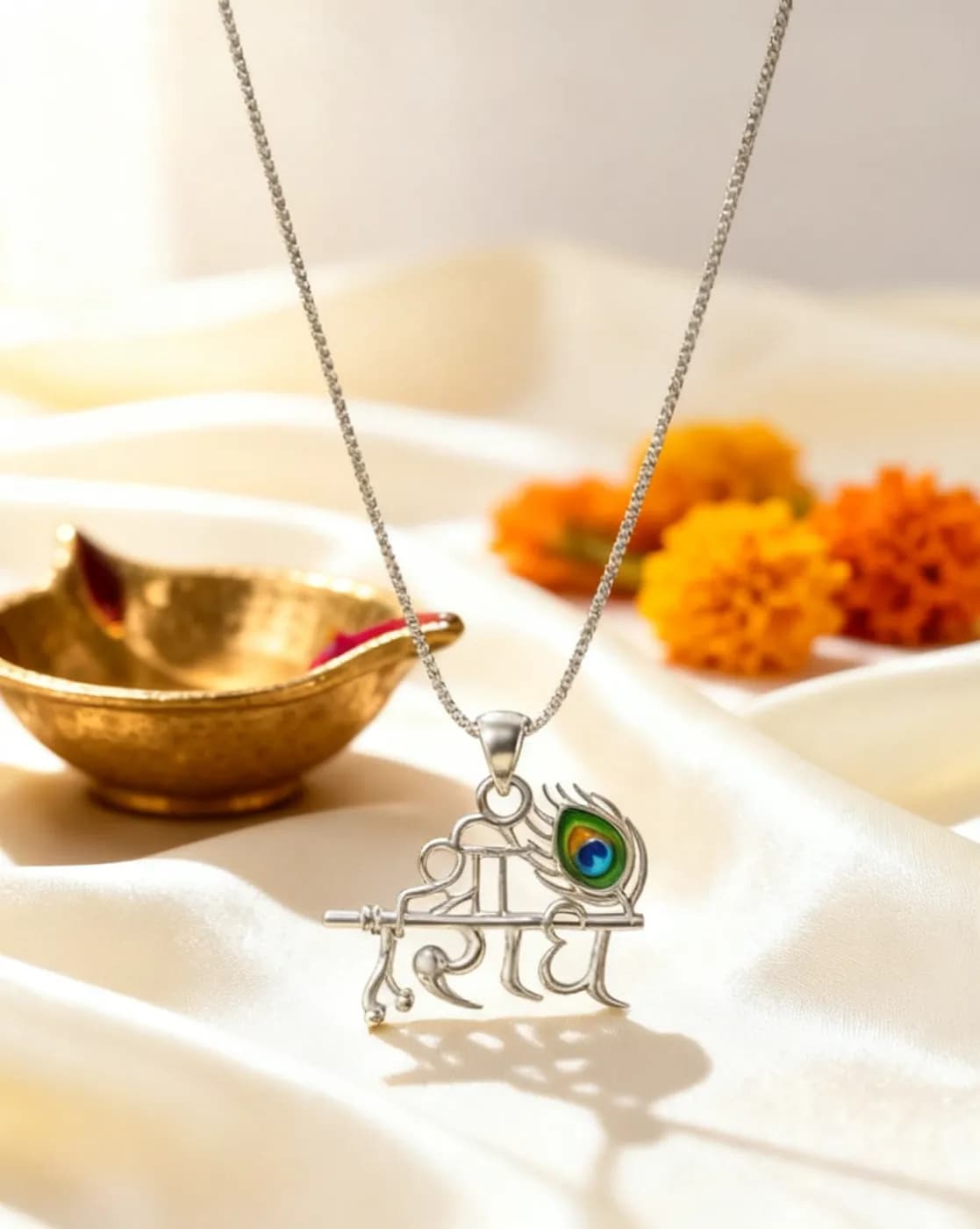 Shri Radhe Naam Pendant with Mor Pankh