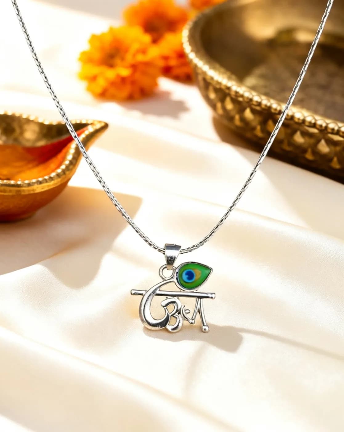 Krishna Naam Pendant with Mor Pankh and Bansuri