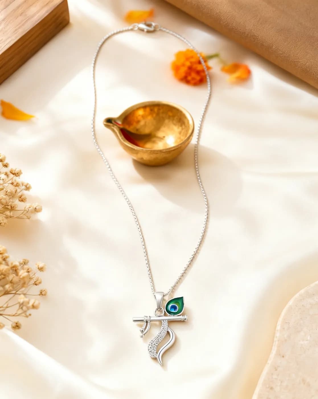 Mor Pankh & Bansuri Pendant — Curved Stem