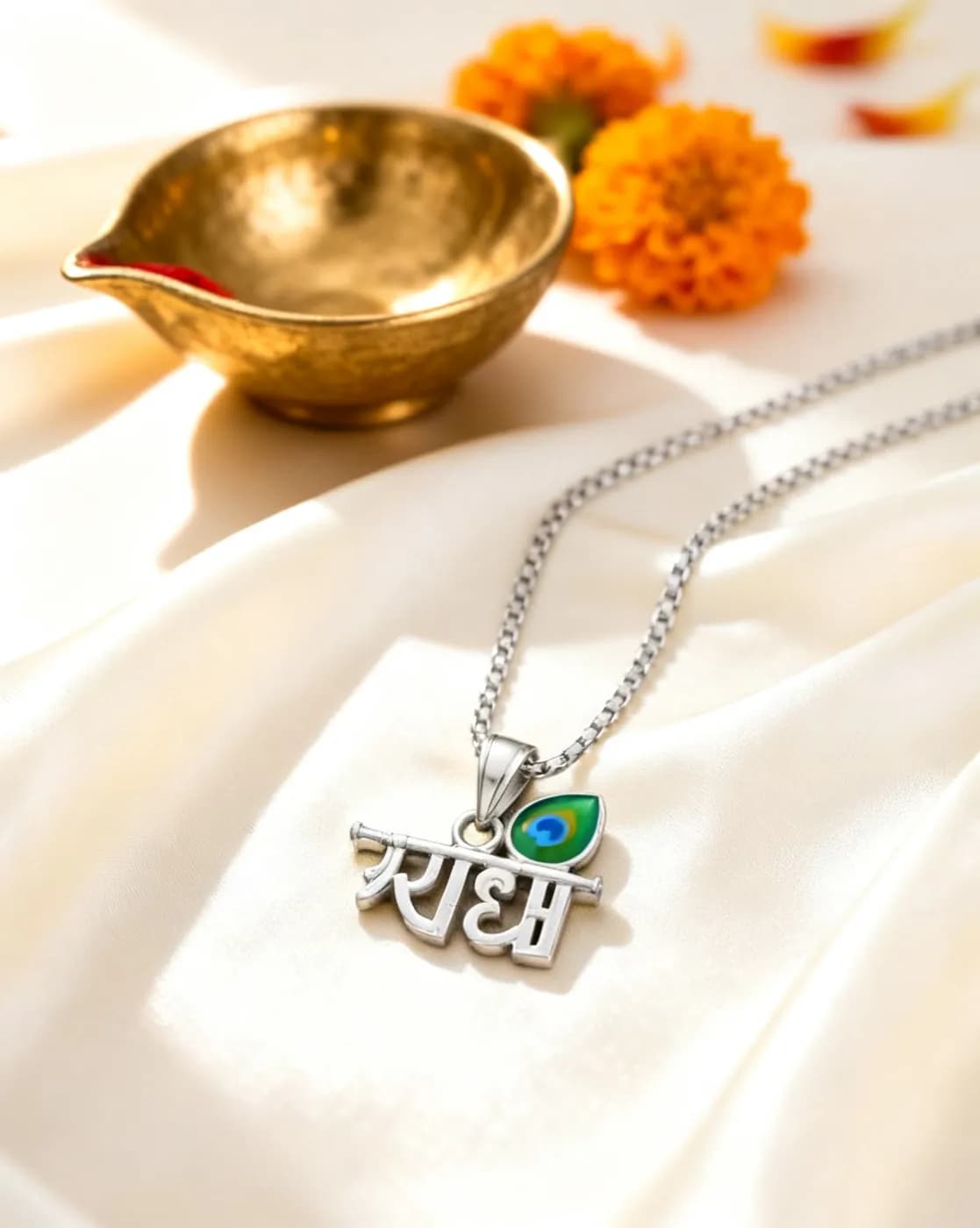 Radha Naam Pendant with Bansuri and Mor Pankh