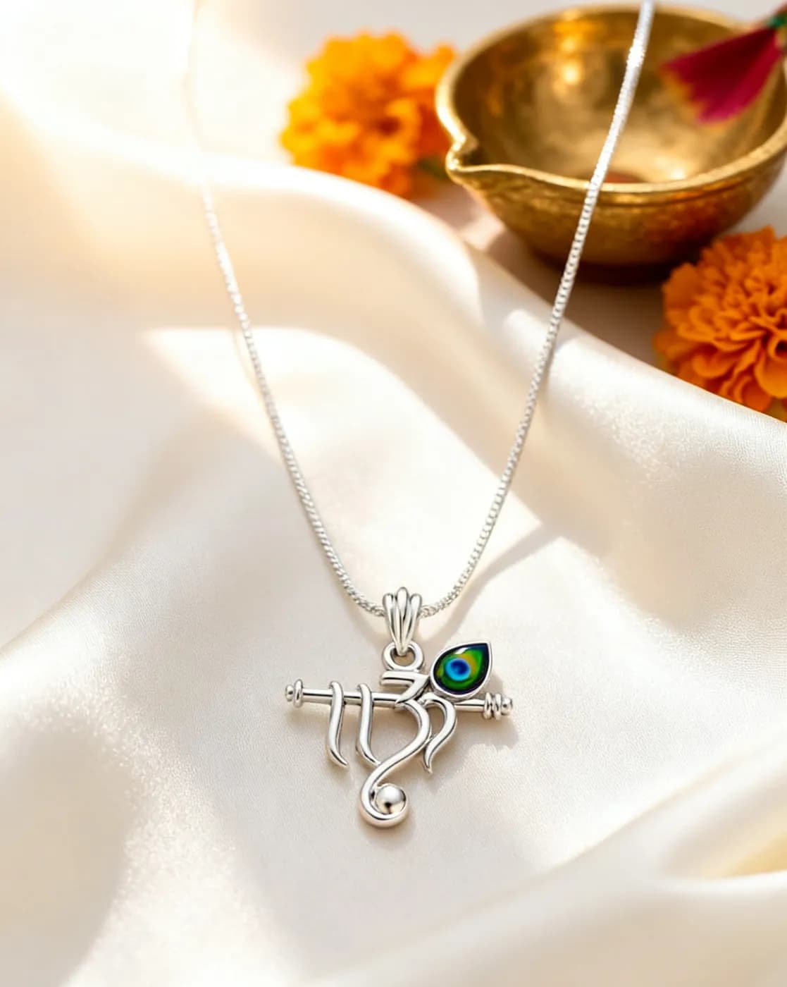 Mor Pankh & Bansuri Pendant — Crossed Flute
