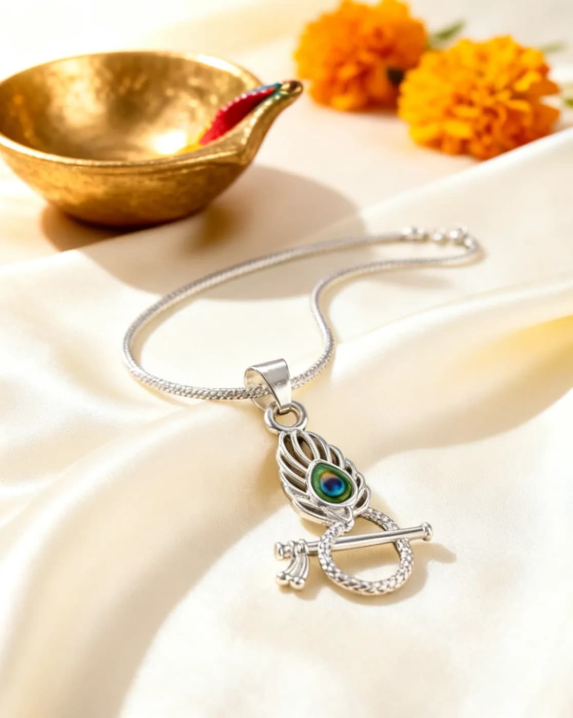 Mor Pankh & Bansuri Pendant — Upright Feather
