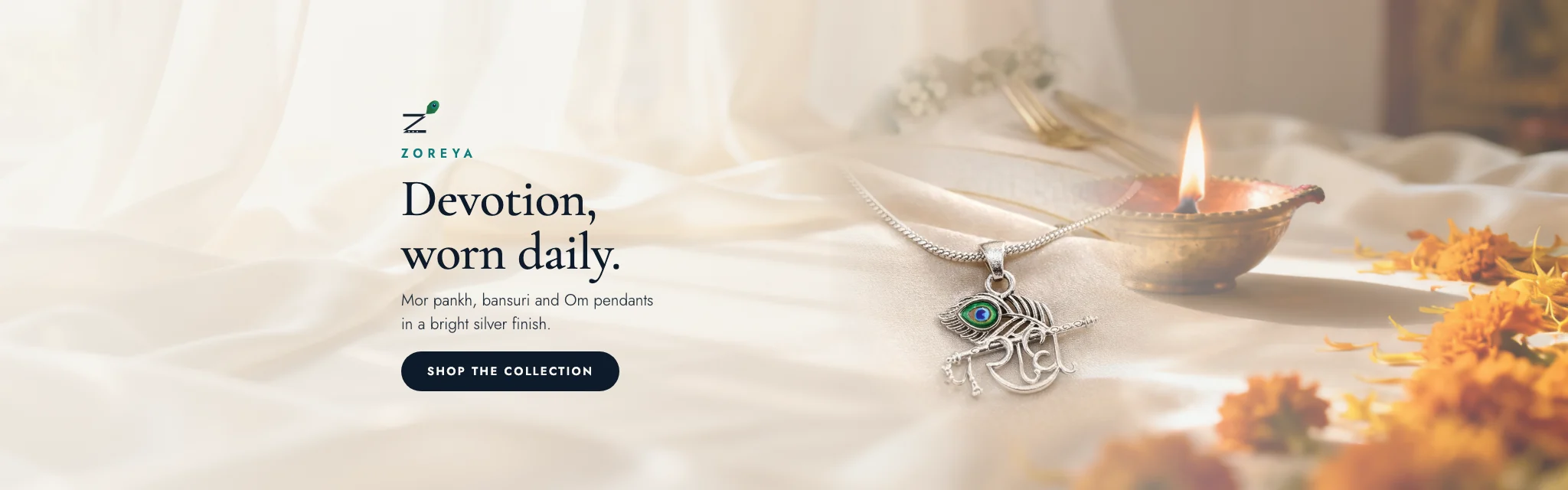 Devotion, worn daily - mor pankh, bansuri and Om pendants in a silver finish