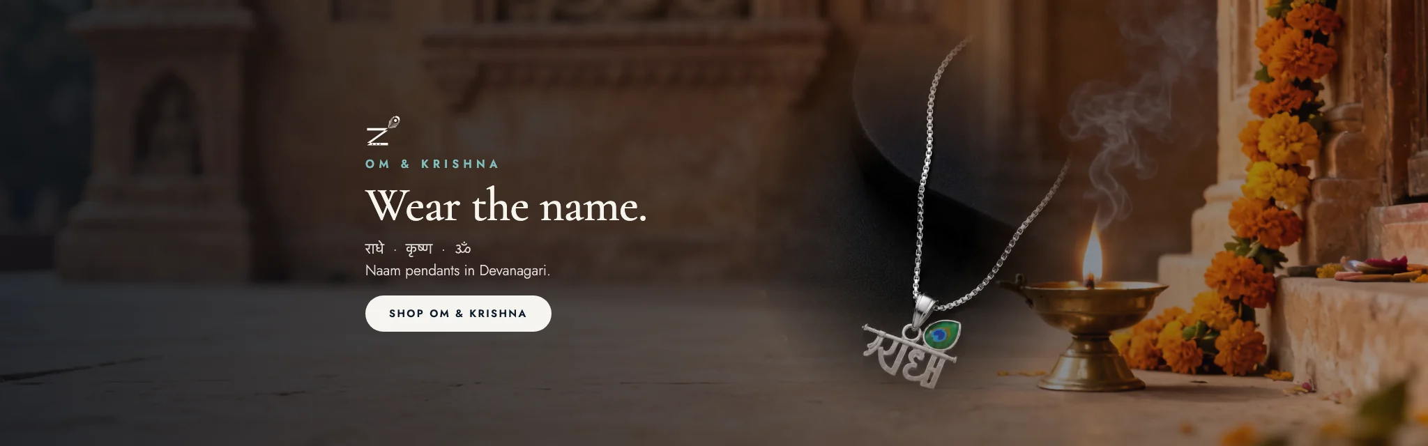 Wear the name - Radha, Krishna and Om naam pendants in Devanagari